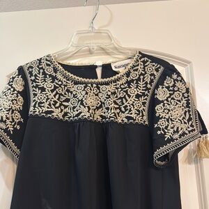 Savanna Jane Black Blouse with Cream Embroidery